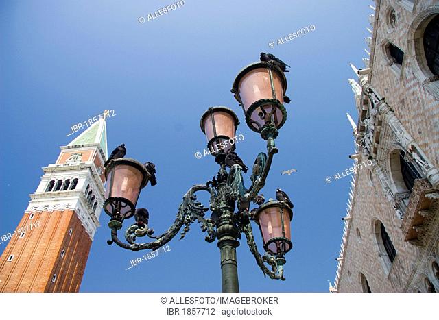Streetlamp with Mark's Campanile in Venice, Veneto, Italy, Europe