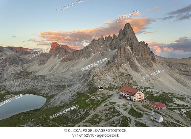 Sunset on Paterno Mount with Locatelli-Innerkofler refuge, Dolomites, Dobbiaco, South Tyrol, Bolzano, Italy