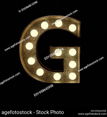 Metal letter G with small lamps on a dark background, 3d rendering