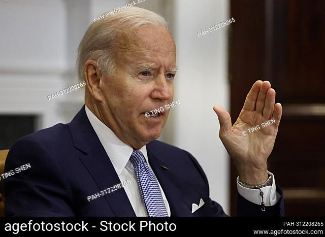 United States President Joe Biden speaks during a meeting with state and local elected officials on Women's Equality Day to discuss actions to protect access to...