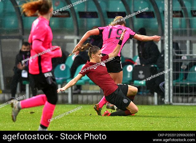 L-R Marketa Ringelova of Sparta and Aoife Colvill of Glasgow in action during the UEFA Women's Champions League match AC Sparta Praha vs FC Glasgow City
