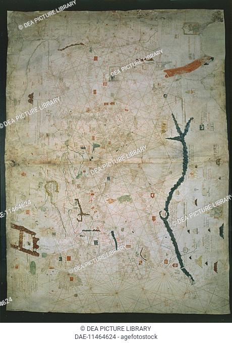 Cartography, 14th century. Nautical chart of the Mediterranean Sea by Angelino Dalorto or Angelino Dulcert, 1339.  Paris