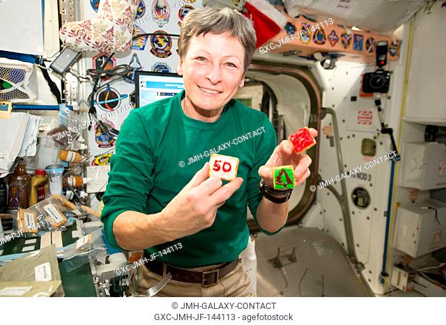 The crew of Expedition 50 gathered together to celebrate the holidays aboard the International Space Station. NASA astronaut Peggy Whitson is seen decorating...