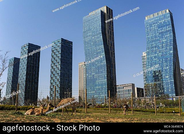 Seoul, South Korea, Asia - Cityscape of New Songdo City in Central Park and the international business district (SIBD) with modern residential towers and an...