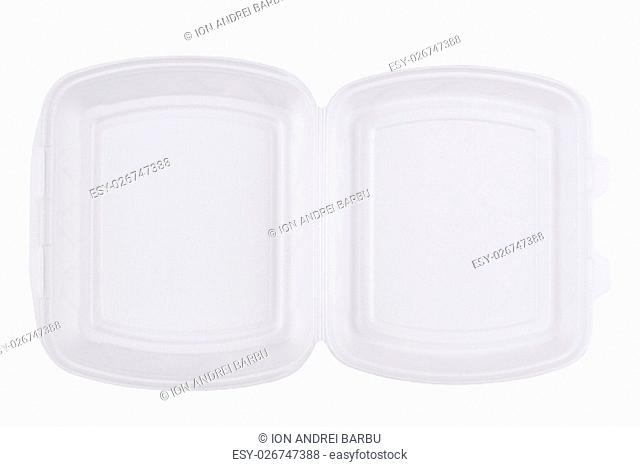horizontal top view of an open empty white meal foam tray pack isolated