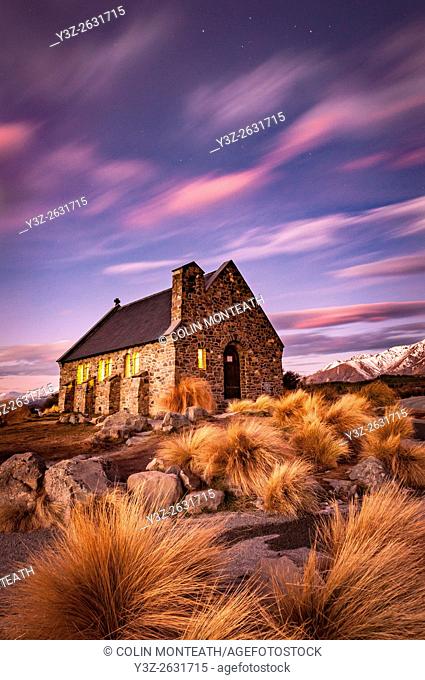 Church of Good Shepherd, winter evening, Lake Tekapo, Mackenzie Country, Canterbury