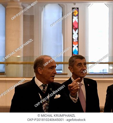 Czech Prime Minister Andrej Babis, right, has lunch with London City Mayor Charles Bowman in Guildhall, London, as he visits Britain on Wednesday, October 24
