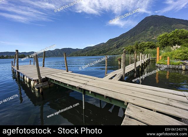 jetty in front of the San Pedro volcano, southwest of the caldera of Lake Atitlán, Santiago Atitlán. It has an altitude of 3