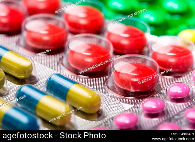 Closeup of various colorful pills