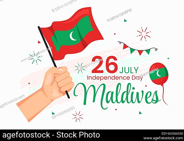 Happy Maldives Independence Day Vector Illustration on 26 July with Maldivian Wavy Flag in Flat Cartoon Hand Drawn Landing Page Background Templates