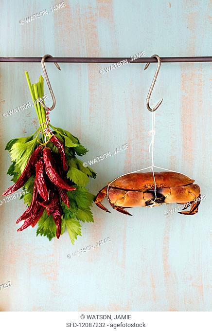 A crab, dried chilli peppers and fresh herbs hanging from hooks