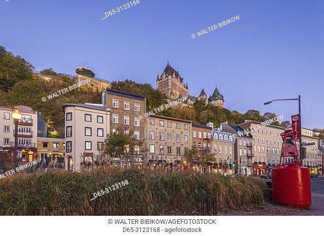 Canada, Quebec, Quebec City, Chateau Frontenac Hotel and buildings along Boulevard Champlain, dawn
