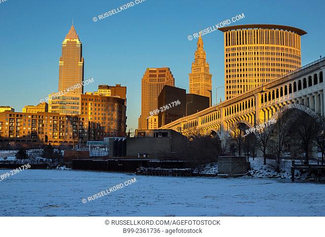 Frozen Cuyahoga River Settlers Landing Park Downtown Skyline Cleveland Ohio Usa