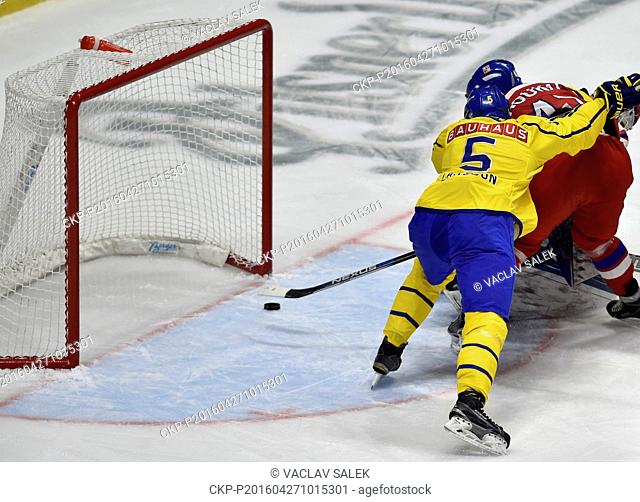 Goalkeeper Petr Koukal (CZE), receiver a goal and Adam Larsson (SWE) in action during the Euro Hockey Tour series match Czech Republic vs Sweden in Znojmo