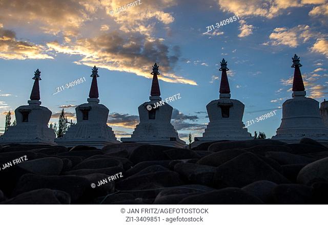 silhouettes of stupas at Thiksey monastery in Ladakh, India