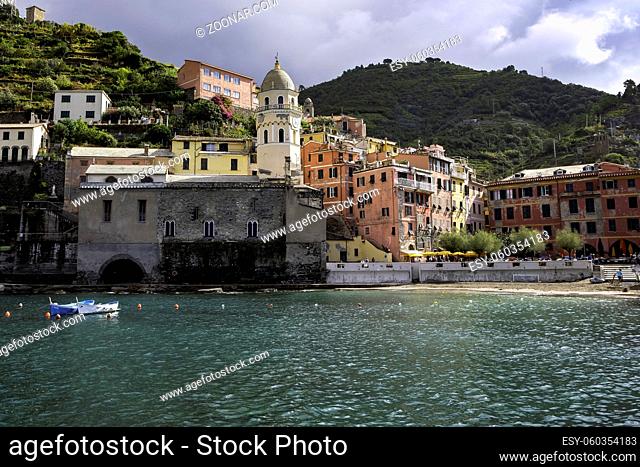 Beautiful Natural Harbor with Colorful Traditional Houses and Santa Margherita di Antiochia Church and Tower - Vernazza, Cinque Terre, Italy