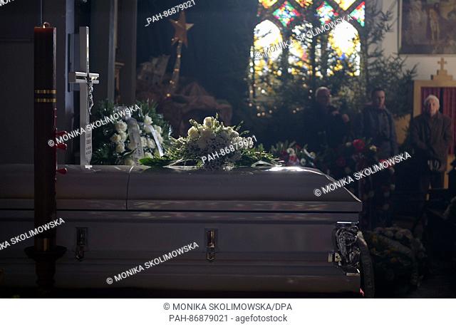 The coffin of the Polish truck driver killed during the terror attack on Berlin Lukasz U. in a church during a funeral service in Banie, Poland