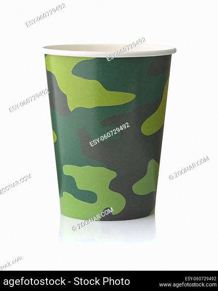 Front view of paper disposable camouflage cup isolated on white