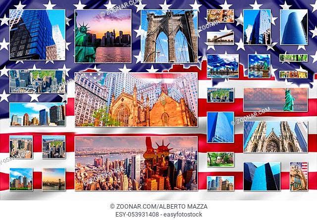 New York city pictures collage of different famous locations landmark of New York, United States, , USA with American flag on background