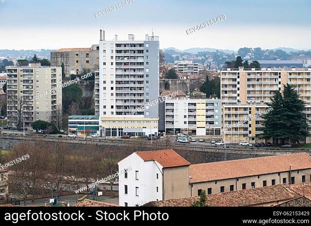 Ales, Occitanie, France, 12 30 2022 - Contemporary apartment blocks at the banks of the river Gardon