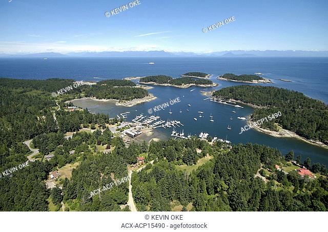 An aerial view of Silva Bay and the Flat Top Islands with the British Columbia mainland in the background. Gabriola Island