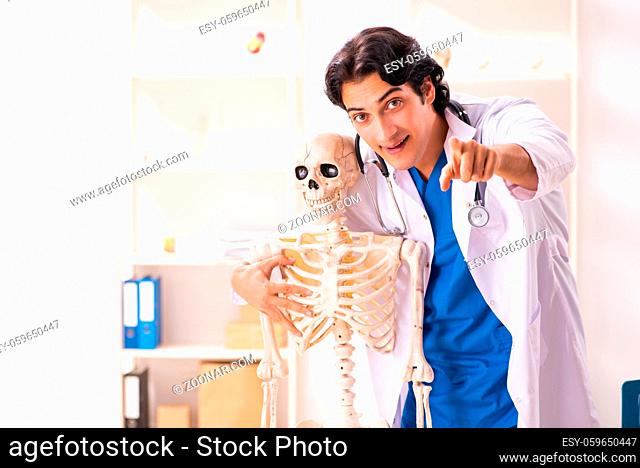 Young male doctor with skeleton