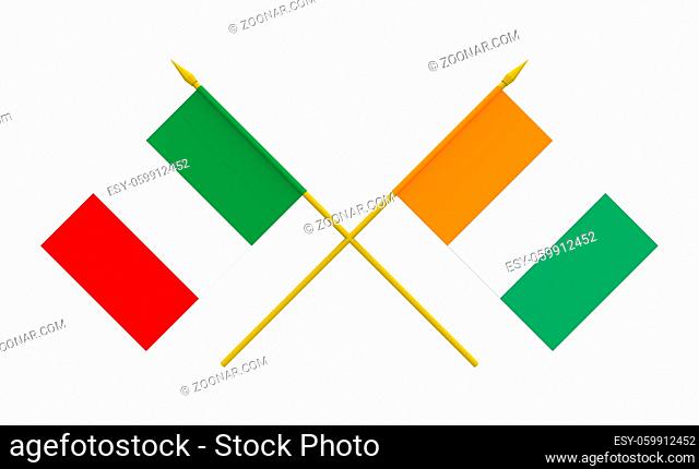Flags of Italy and Ivory Coast, 3d render, isolated