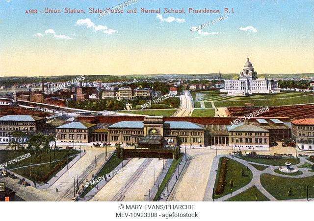 General view of Providence, Rhode Island, USA, showing Union Station, the State House and the Normal School