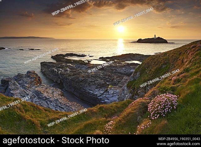 UK - England Cornwall St Ives - near View to Godrevy Lighthouse at sunset Europe European England English Great Britain British UK Cornish West Country St Ives...