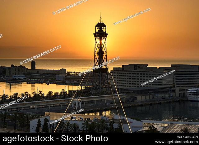 Port Vell (the Old Harbor) and Jaume I tower in Barcelona at sunrise (Barcelona, Catalonia, Spain)
