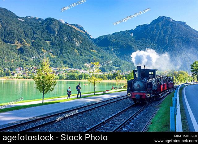 Eben am Achensee, lake Achensee (Achen Lake), Achensee Railway with steam locomotive at final station Seespitz, Brandenberg Alps in Achensee, Tyrol, Austria