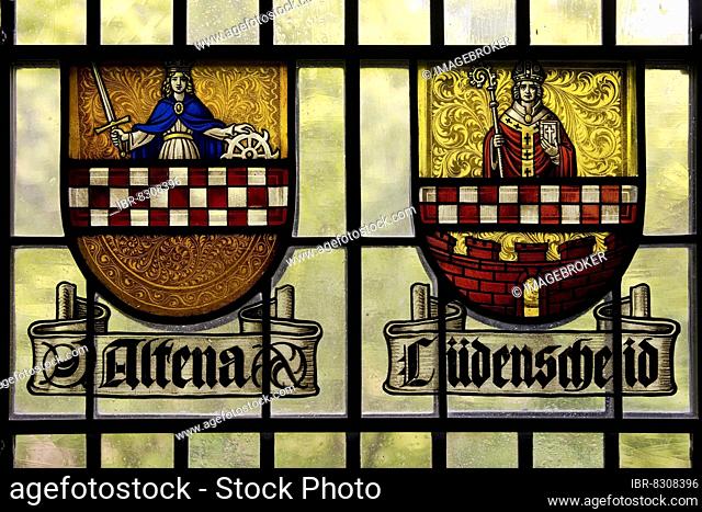 Historical coats of arms of Altena and Lüdenscheid, Museum der Grafschaft Mark, Altena Castle, Altena, Sauerland, North Rhine-Westphalia, Germany, Europe
