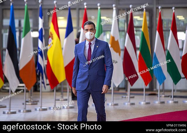 Prime Minister of Spain Pedro Sanchez arrives for the European council summit, in Brussels, Thursday 21 October 2021. EU leaders will meet in Brussels to...