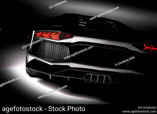 Black fast sports car in spotlight, black background. Shiny, new, luxurious. 3D rendering
