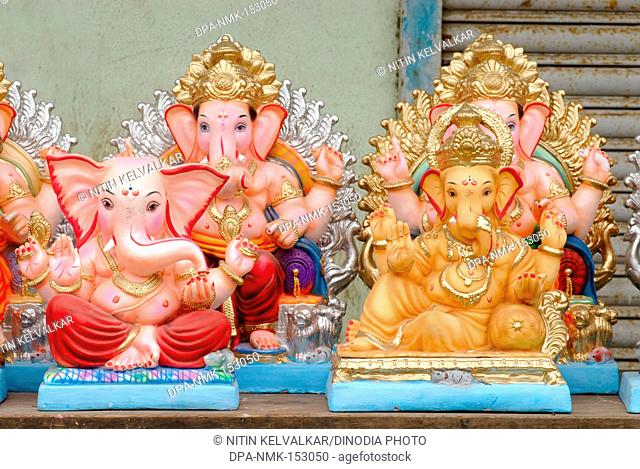Idols of lord Ganesh kept for sell ; Elephant headed god of Hindu ; Ganapati festival at Lalbaug ; Bombay Mumbai ; Maharashtra ; India