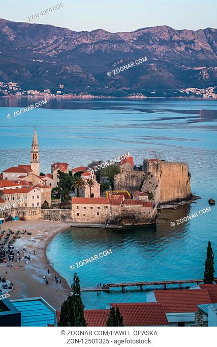 Budva, Montenegro - April 2018 : View of the Old Town Budva centre on the Adriatic coast