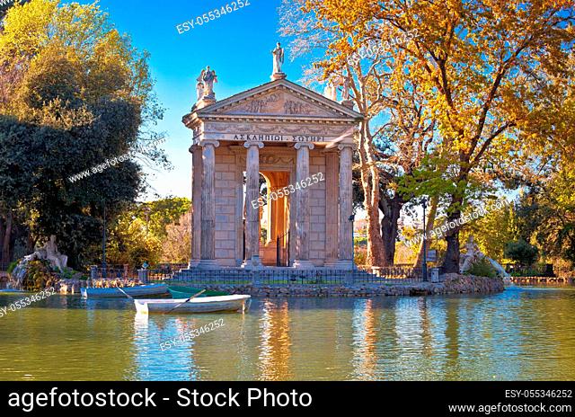 Rome. Laghetto Di Borghese lake and Temple of Asclepius in Rome, capital of Italy