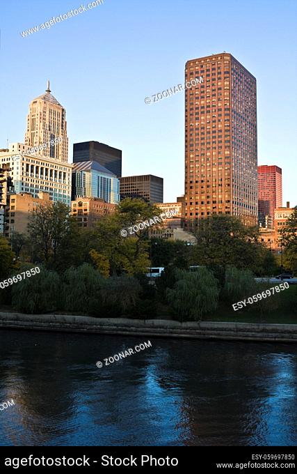 Buildings along Chicago River before cunset