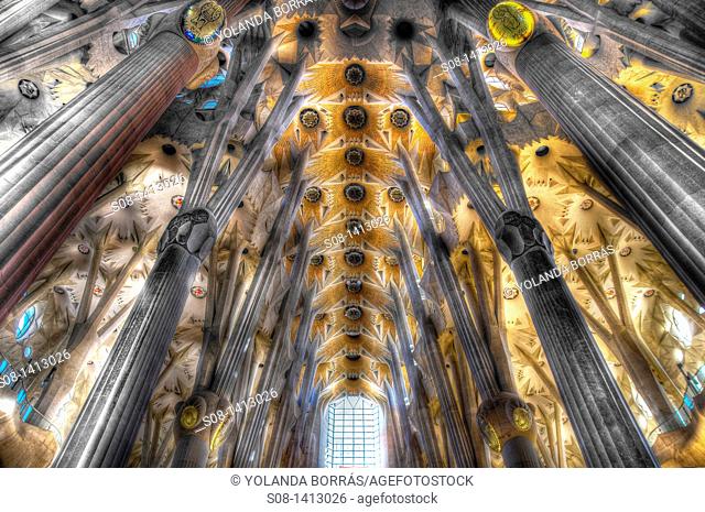 Main columns of Sagrada Familia by Gaudí, Barcelona. Catalonia, Spain