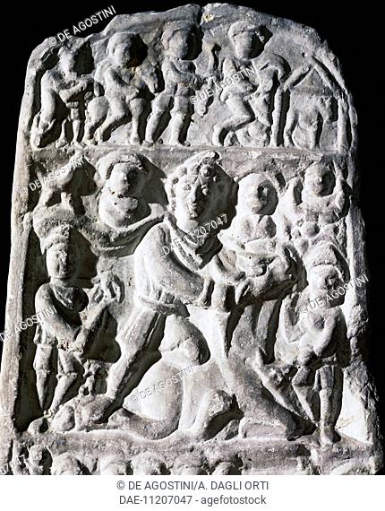 Relief depicting Mithras killing the bull, overlooked by the sun, moon and two other characters. Roman Civilisation, 3rd century
