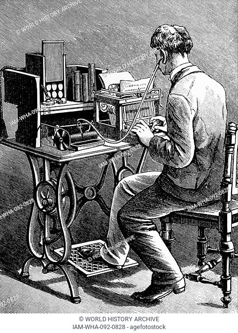 Audio-typing from a wax cylinder made on a Bell & Tainter Graphophone.The cylinder was rotated by means of a treadle underneath the stand