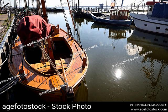 24 August 2023, Mecklenburg-Western Pomerania, Dierhagen: The sun is reflected in the water in the Bodden harbor of the Fischland Baltic peninsula