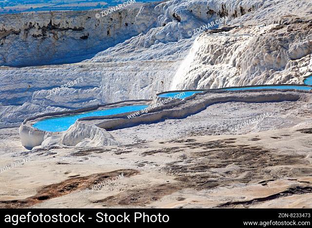 View of travertine pools and terraces in Pamukkale, Turkey