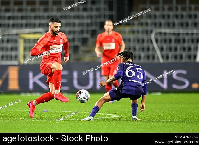 Dender's Nicolas Rajsel and RSCA Futures' Alonzo Engwanda fight for the ball during a soccer match between RSCA Futures (U23) and FCV Dender EH