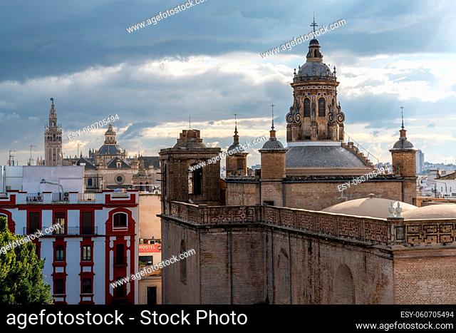 Seville, Spain - 10 January, 2021: cityscape view from up high of the beautiful city of Seville