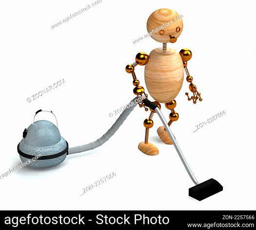 wood man with a vacuum cleaner 3d rendered