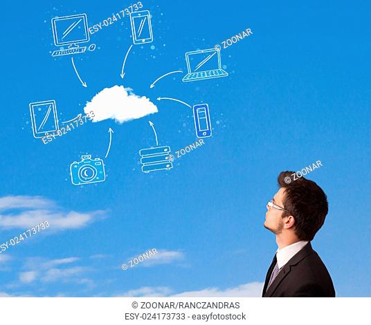 Handsome man looking at cloud computing concept on blue sky
