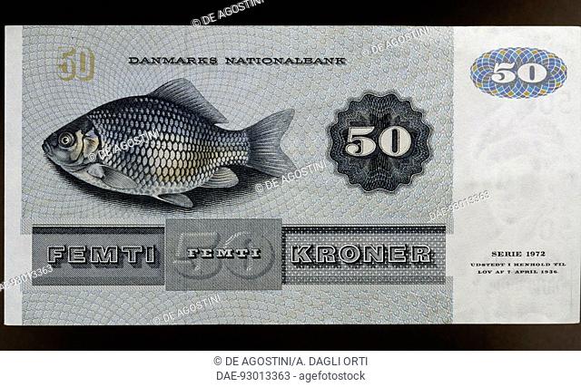 50 kroner (crown) banknote, 1975-1999, reverse, Carassio (Carassius carassius). Denmark, 20th century