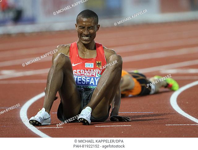 Germany's Homiyu Tesfaye reacts after the men's 1500m final at the European Athletics Championships at the Olympic Stadium in Amsterdam, The Netherlands