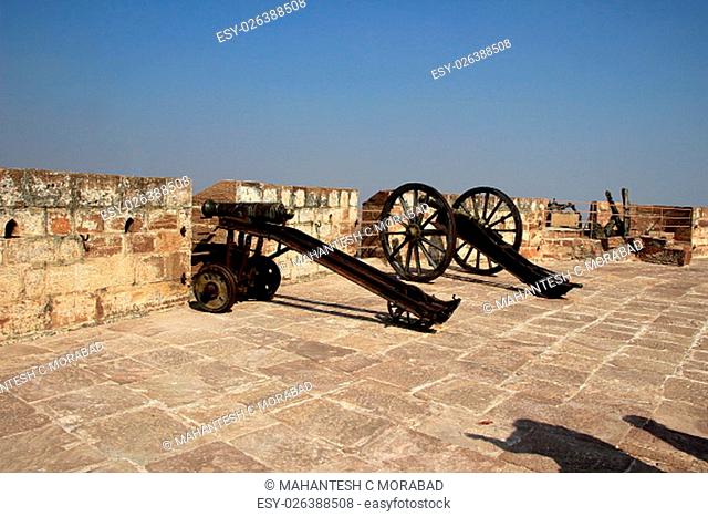 Two guns positioned at openings at parapet of terrace of Meharongarh Fort in Jodhpur, Rajasthan, India, Asia